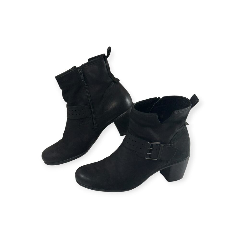 ECCO Touch Ankle Boots, Black, LEA. Side Zip, Buckle Accent, Women's 8.5, EU 39